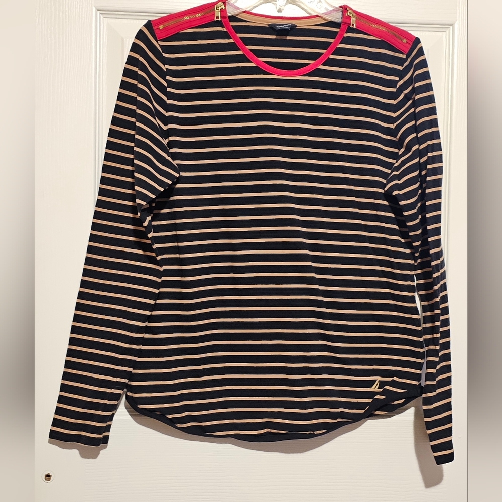 Nautica Black and Tan Striped Top with Red Trim Sz L